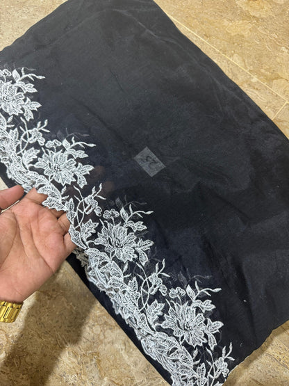 Black Voile Lawn Scallop Dupatta with White Embroidery