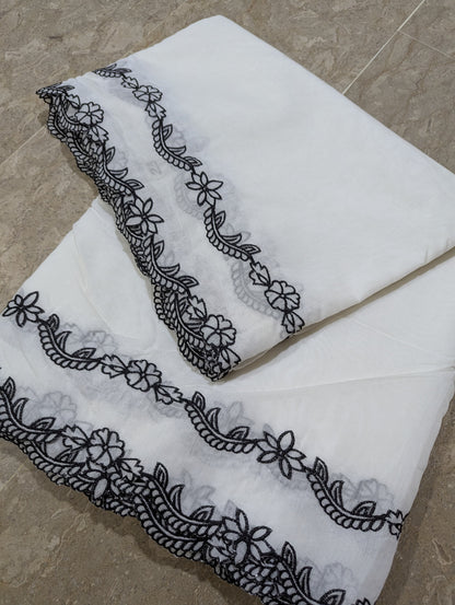 Voile Lawn Scalloped Dupatta with Black Embroidery