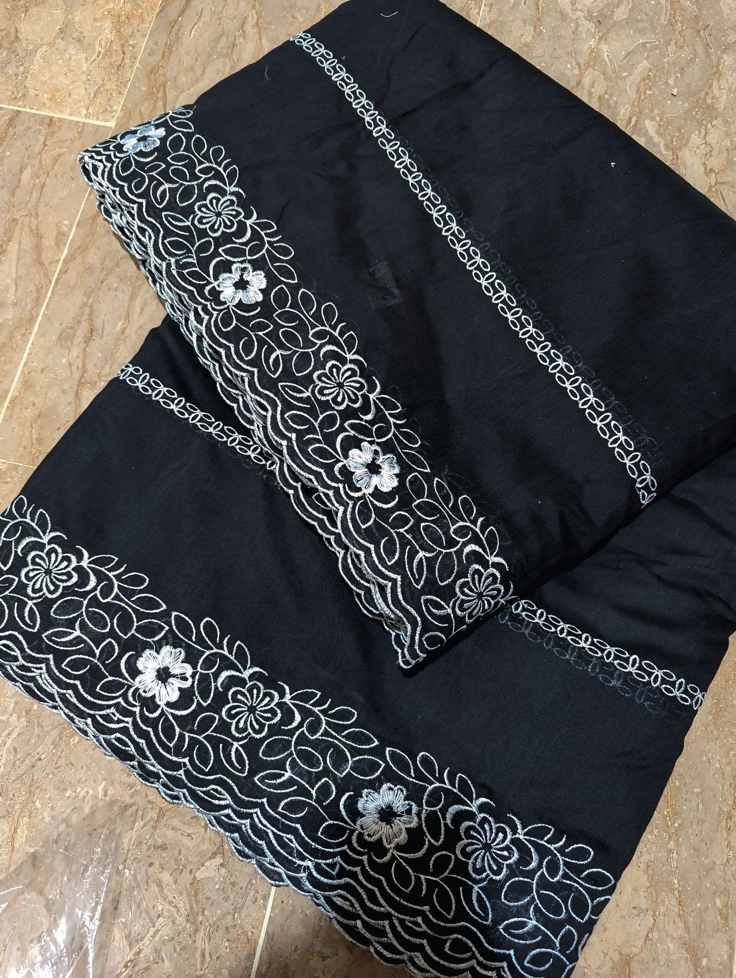 Black Voile Lawn Scallop Dupatta with White Embroidery