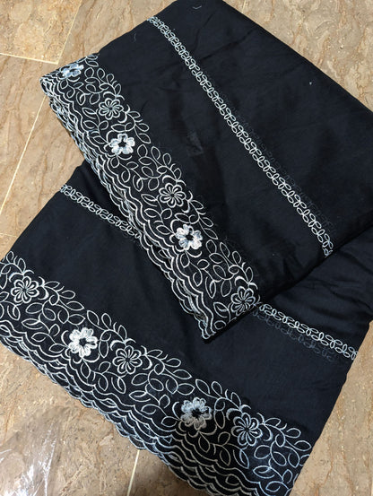 Black Voile Lawn Scallop Dupatta with White Embroidery