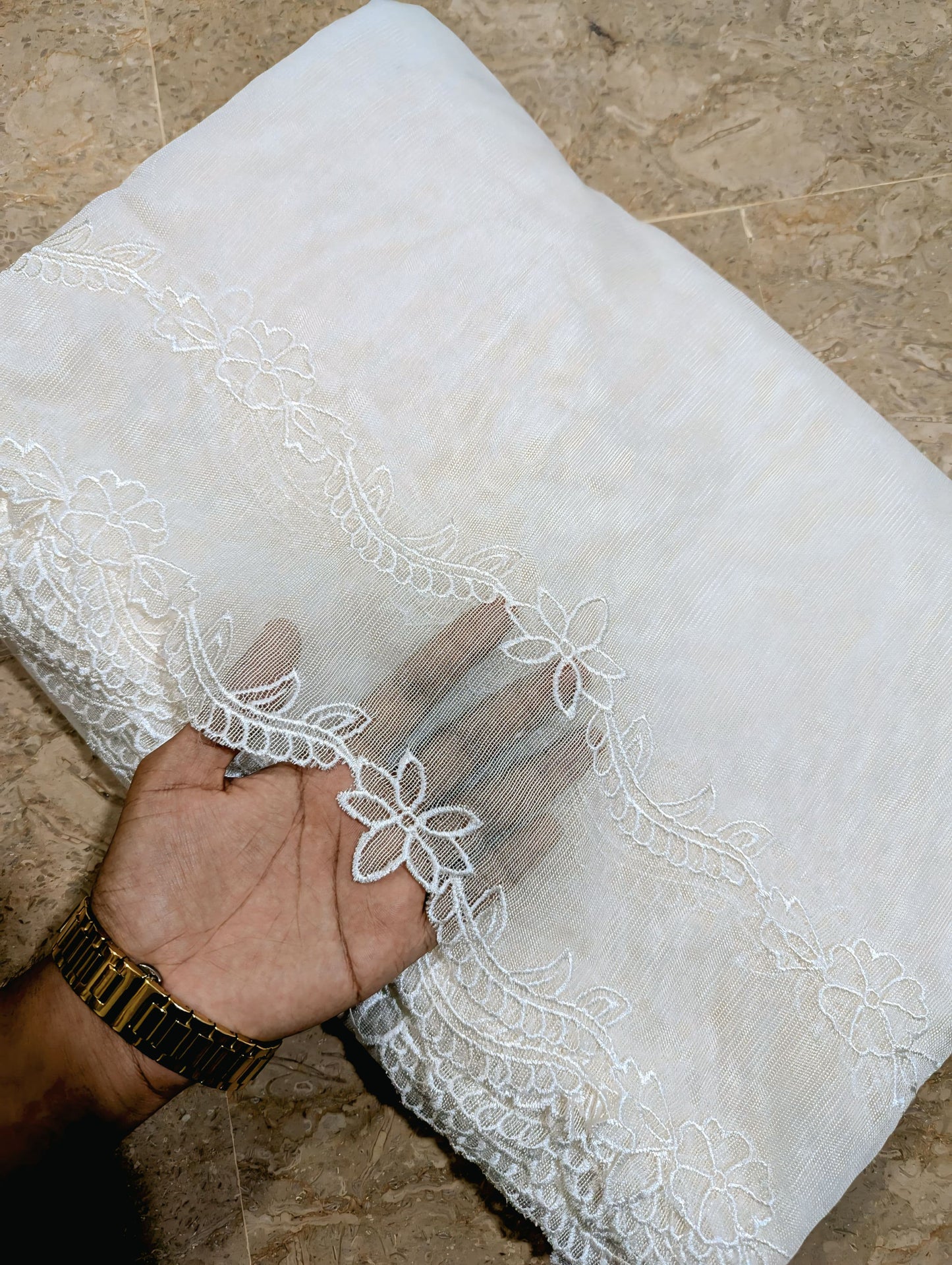 White Khadi Net Scallop Dupatta – Dyable, Viscose Embroidery