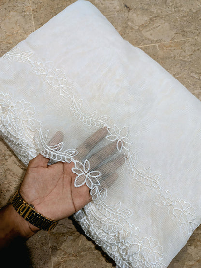 White Khadi Net Scallop Dupatta – Dyable, Viscose Embroidery