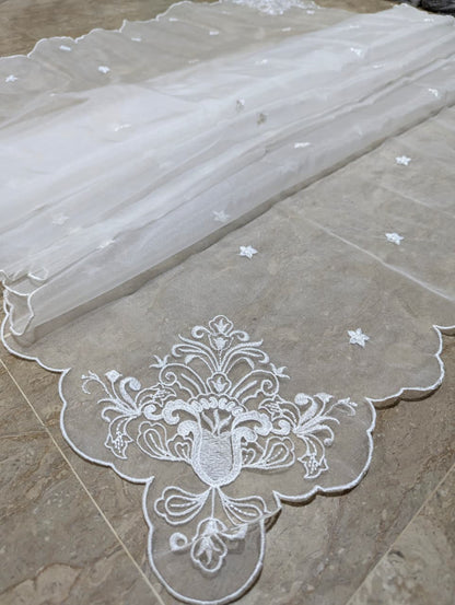 New White Organza 4-Sided Scallop Dupatta with Dyeable White Viscose Embroidery