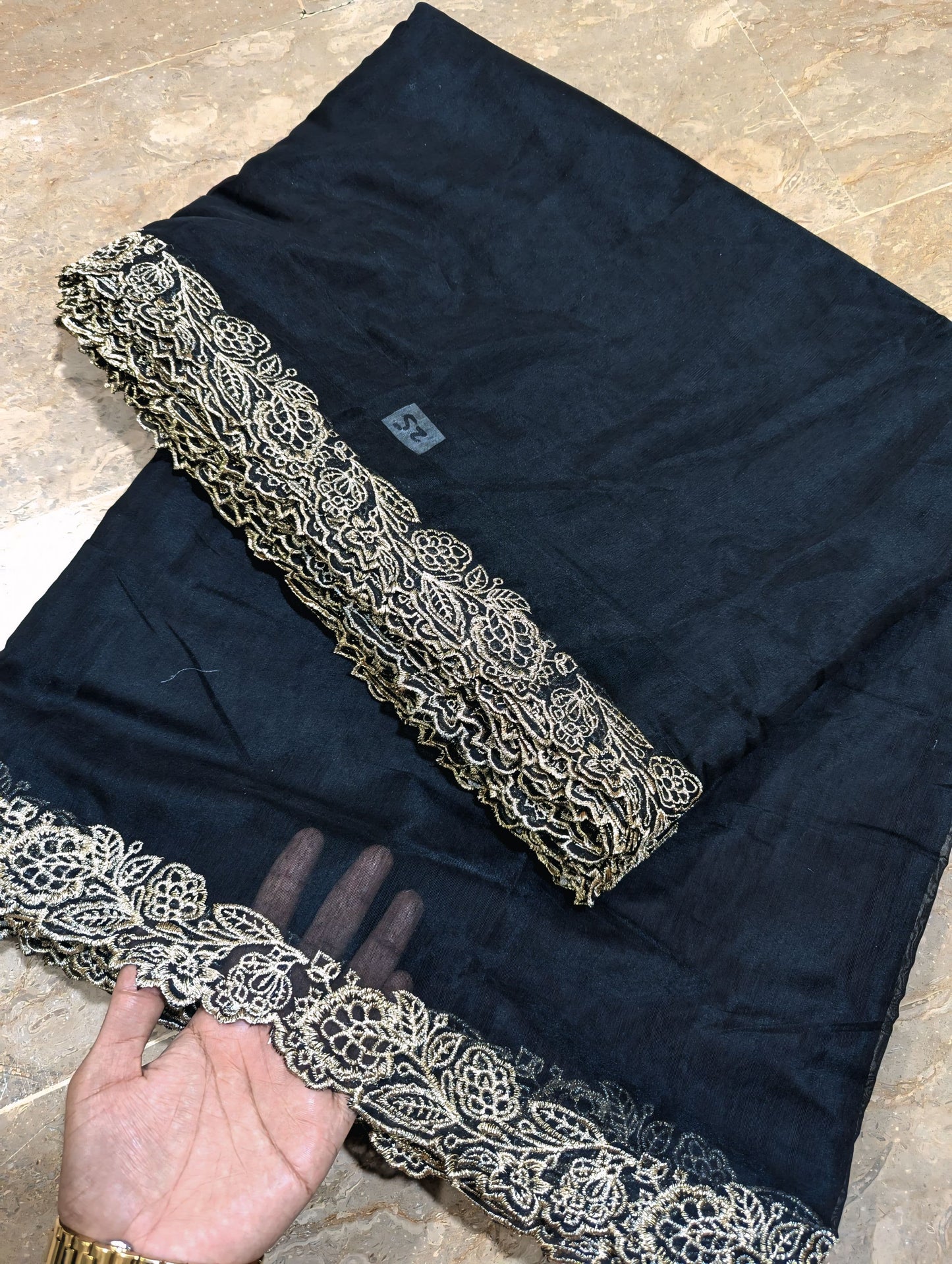 Black Voile Lawn Scallop Dupatta with Light Golden Embroidery