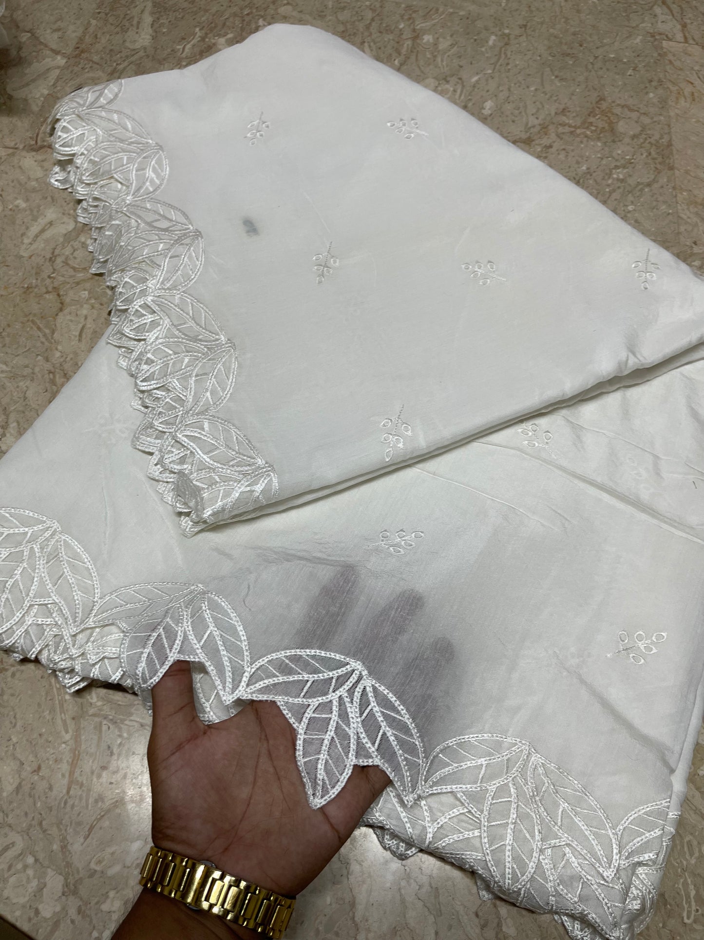 Dyeable White Voile Lawn Scallop Dupatta with White Viscose Embroidery