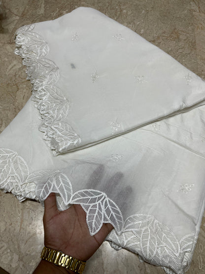 Dyeable White Voile Lawn Scallop Dupatta with White Viscose Embroidery