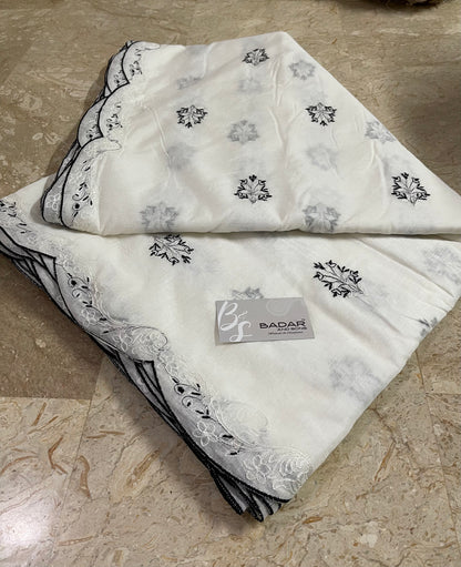 White Voile Lawn Scallop Dupatta with White & Black Two-Tone Embroidery – Dyeable