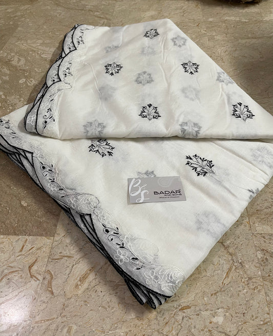 White Voile Lawn Scallop Dupatta with White & Black Two-Tone Embroidery – Dyeable