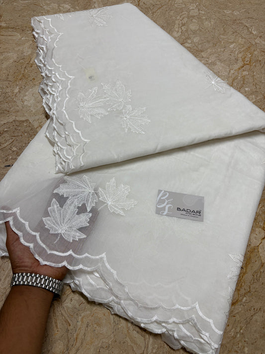 Dyeable White Voile Lawn Scallop Dupatta with White Viscose Embroidery – (D-270)