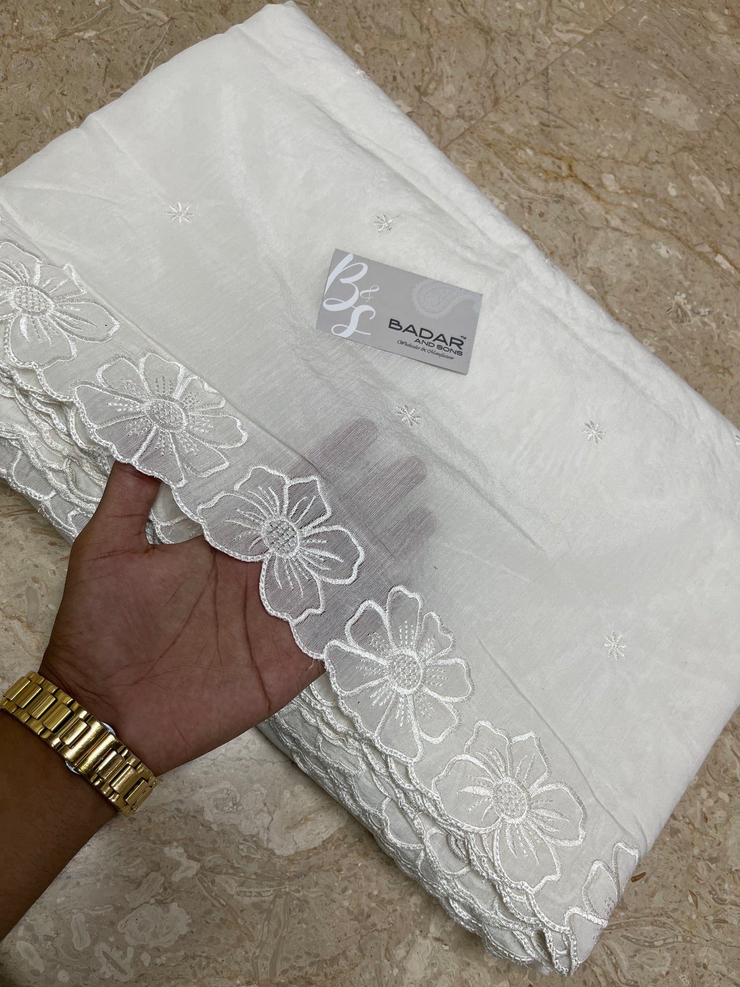 Dyeable White Voile Lawn Scallop Dupatta with White Viscose Embroidery