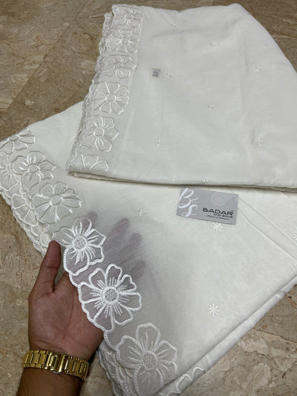 Dyeable White Voile Lawn Scallop Dupatta with White Viscose Embroidery