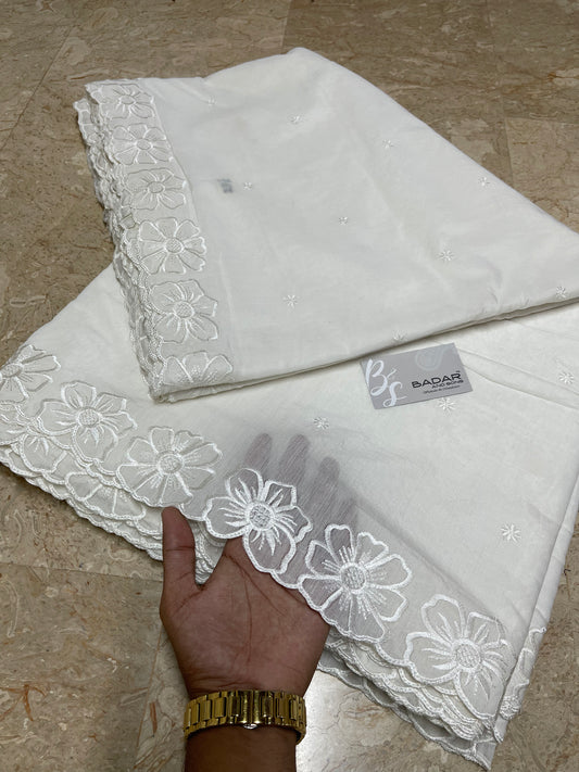 Dyeable White Voile Lawn Scallop Dupatta with White Viscose Embroidery