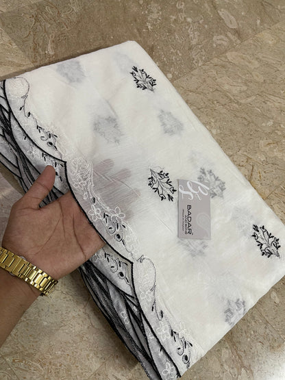 White Voile Lawn Scallop Dupatta with White & Black Two-Tone Embroidery – Dyeable