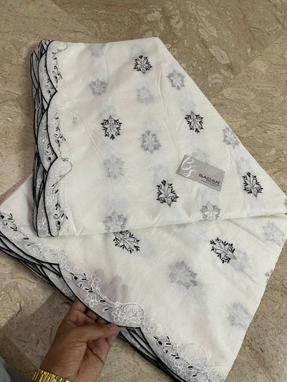 White Voile Lawn Scallop Dupatta with White & Black Two-Tone Embroidery – Dyeable