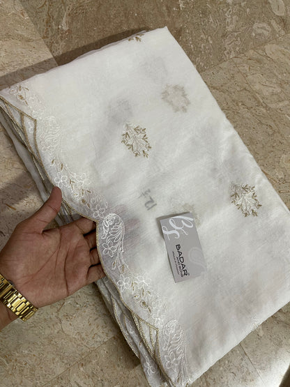 White Voile Lawn Scallop Dupatta with White & Golden Two-Tone Embroidery – Dyeable