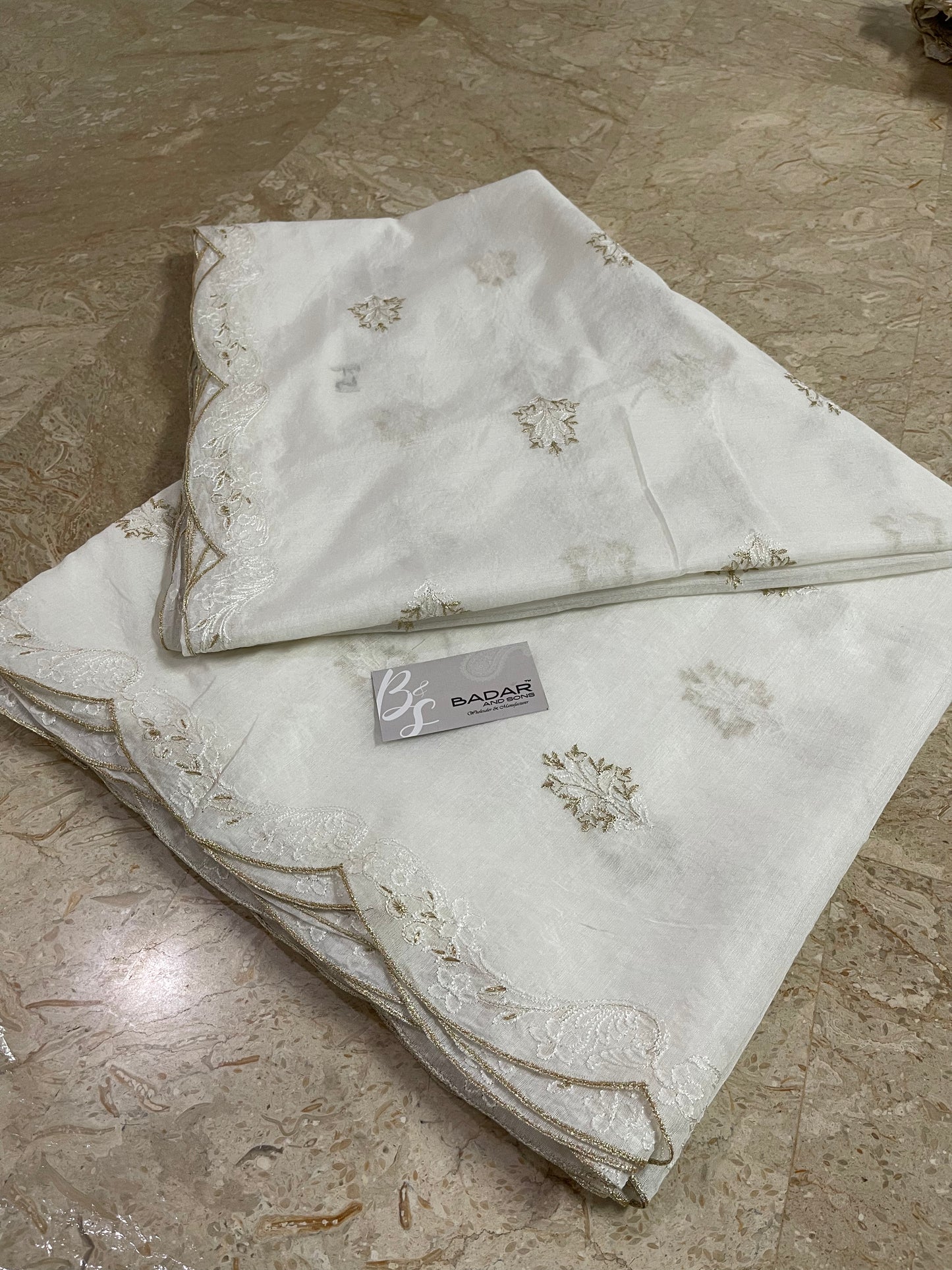 White Voile Lawn Scallop Dupatta with White & Golden Two-Tone Embroidery – Dyeable