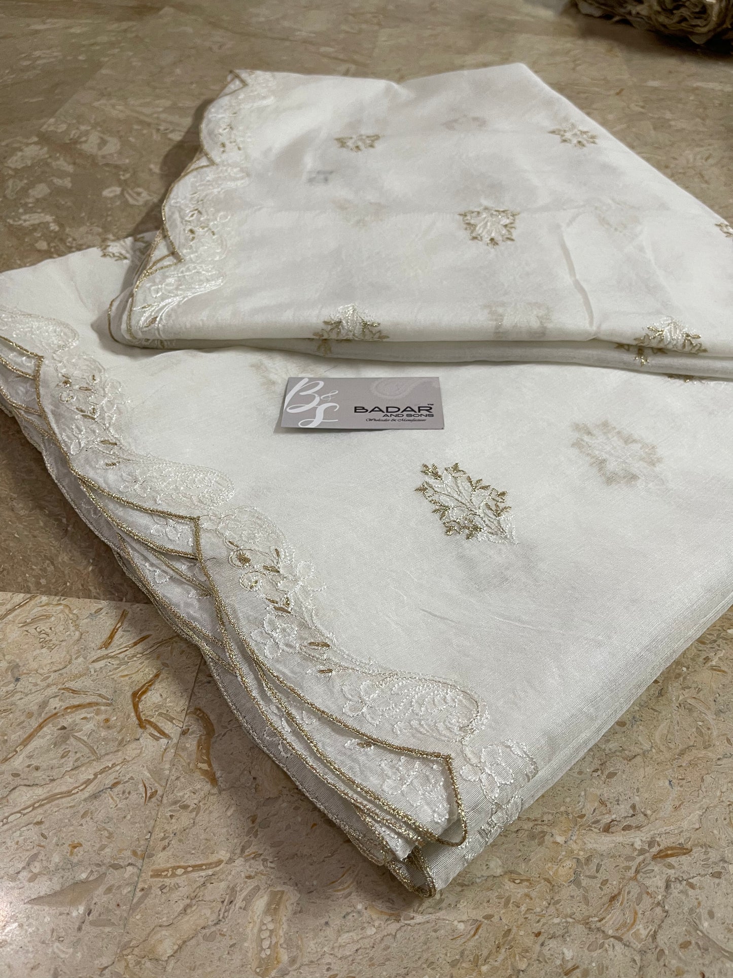 White Voile Lawn Scallop Dupatta with White & Golden Two-Tone Embroidery – Dyeable