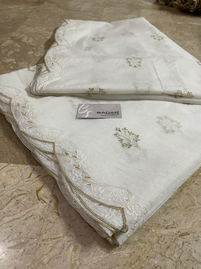 White Voile Lawn Scallop Dupatta with White & Golden Two-Tone Embroidery – Dyeable