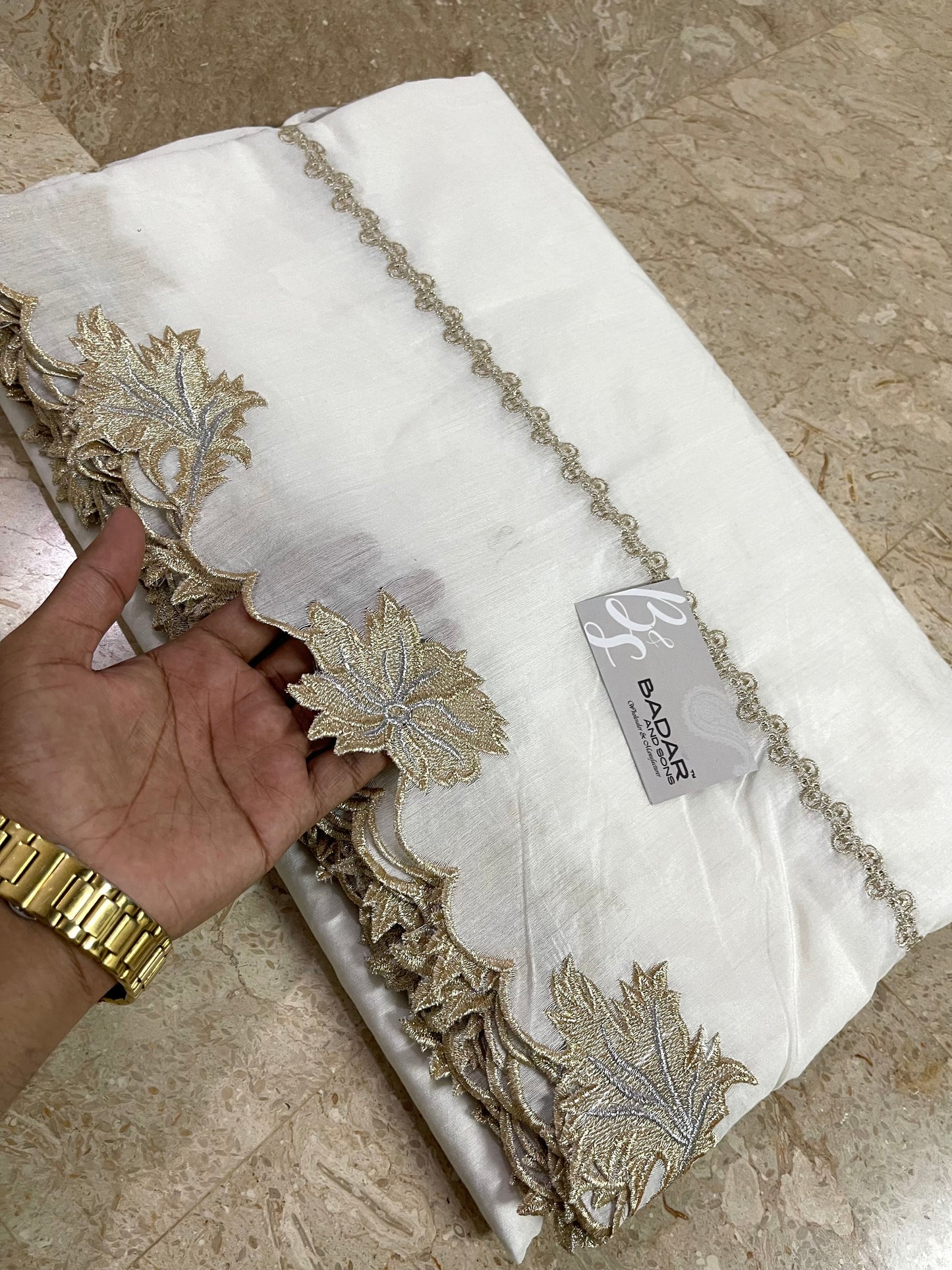 White Voile Lawn Scallop Dupatta with Gold & Silver Two-Tone Embroidery – Dyeable