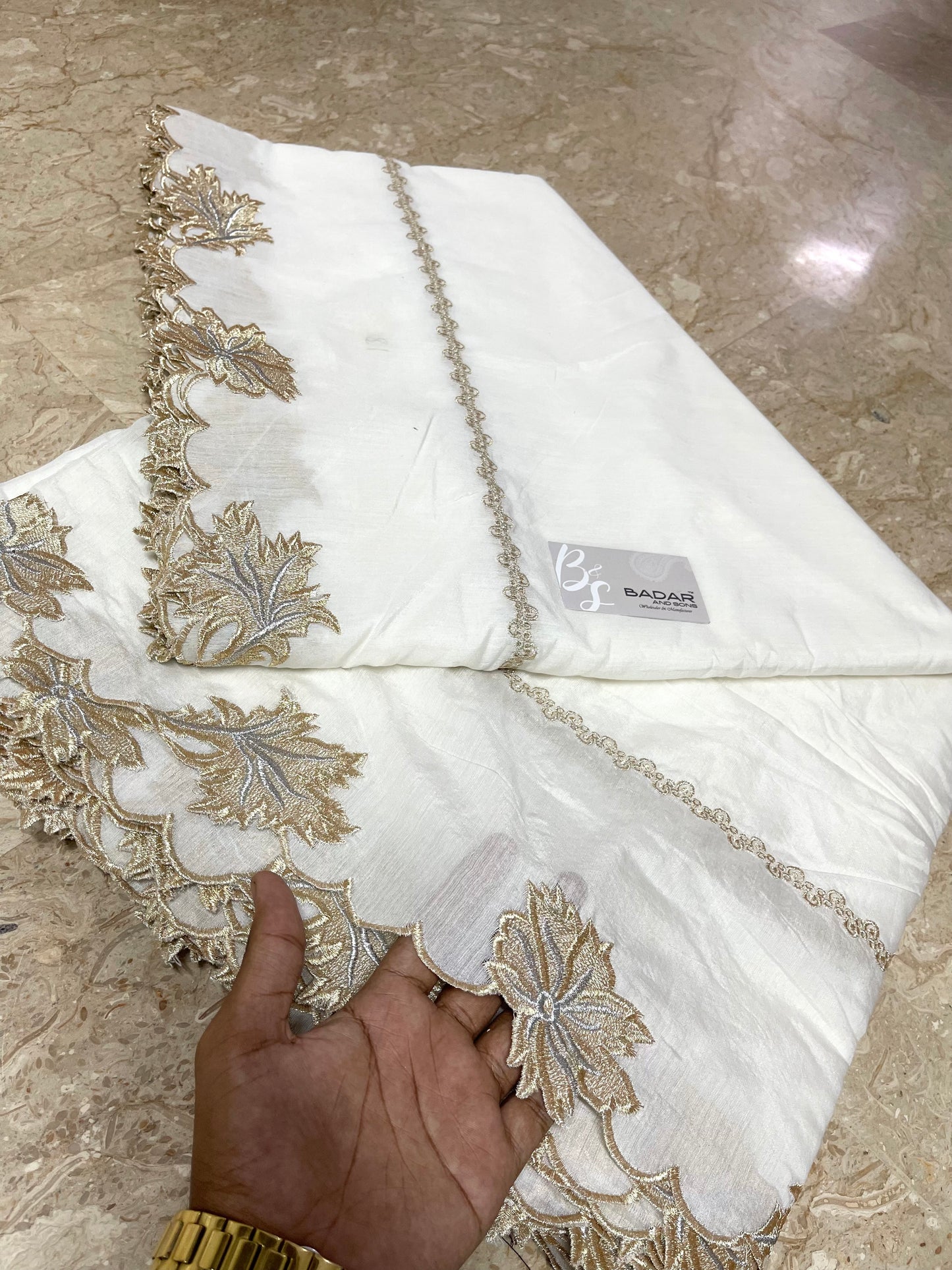 White Voile Lawn Scallop Dupatta with Gold & Silver Two-Tone Embroidery – Dyeable