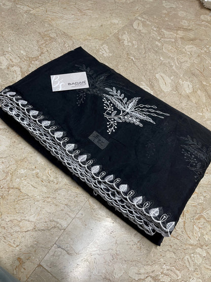 Black Voile Lawn Scallop Dupatta with White Embroidery - Badar and Sons