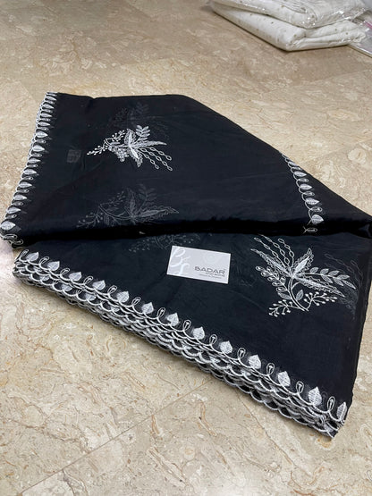Black Voile Lawn Scallop Dupatta with White Embroidery - Badar and Sons