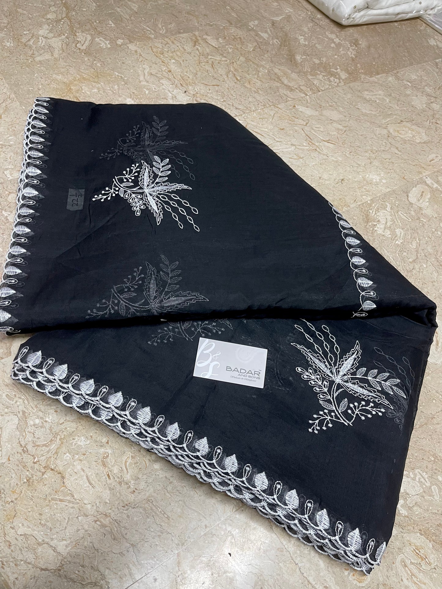 Black Voile Lawn Scallop Dupatta with White Embroidery - Badar and Sons