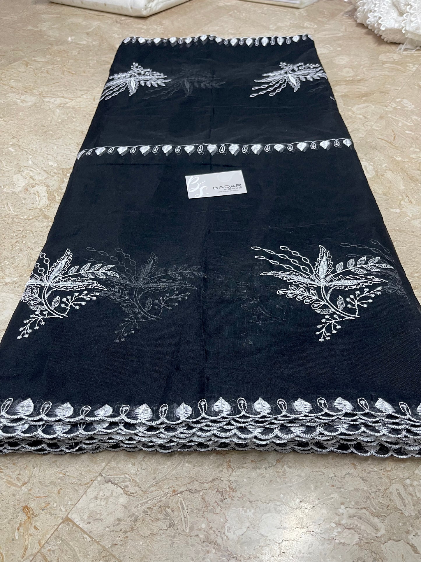 Black Voile Lawn Scallop Dupatta with White Embroidery - Badar and Sons