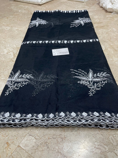 Black Voile Lawn Scallop Dupatta with White Embroidery - Badar and Sons