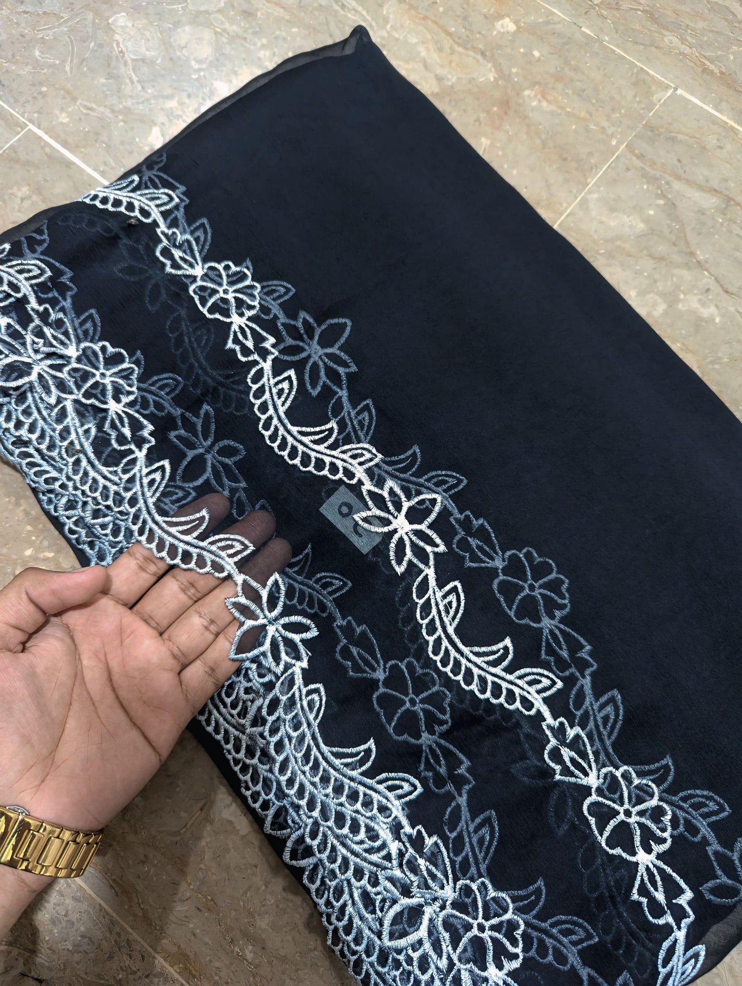 Black Chiffon Cutwork Dupatta with White Embroidery - Premium Quality