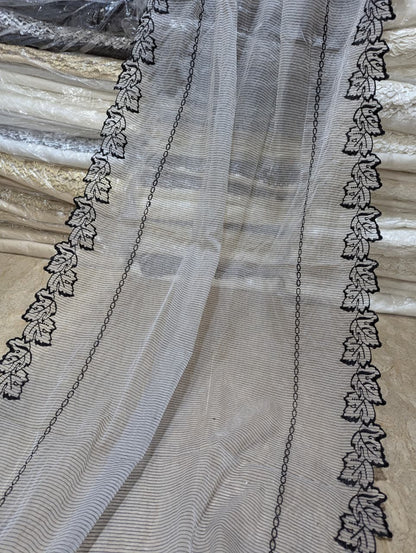 Dyeable White Black Self Lining Organza Scallop Dupatta with Black Embroidery