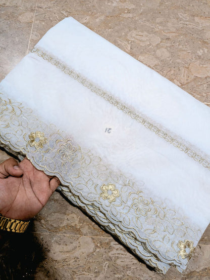 White Voile Lawn Scallop Dupatta with White Golden Embroidery – Dyeable