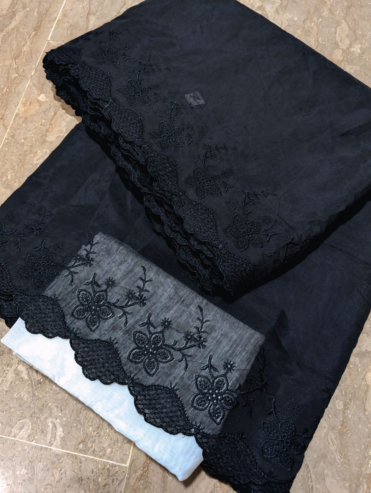 Black Voile Lawn Scallop Embroidered Dupatta