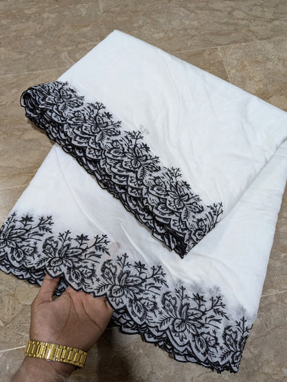 Dyeable White Voile Lawn Scallop Dupatta with Black Embroidery
