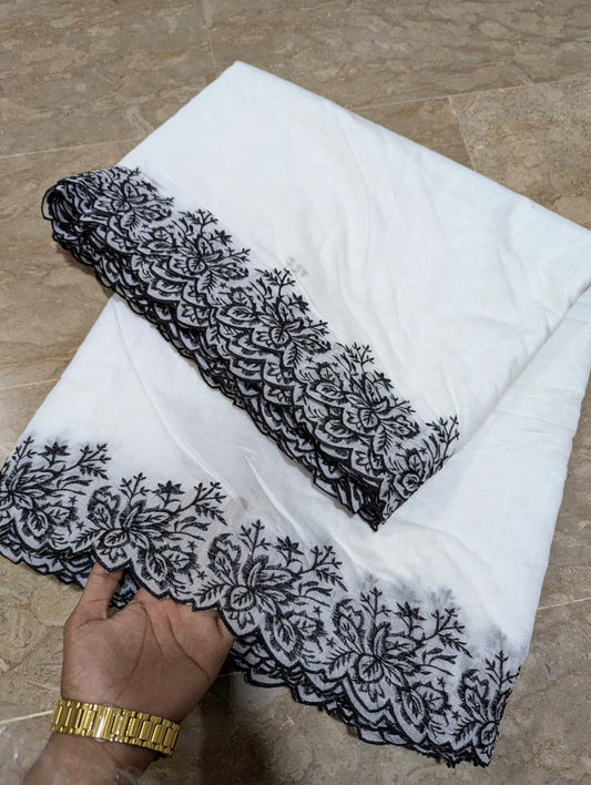 Dyeable White Voile Lawn Scallop Dupatta with Black Embroidery