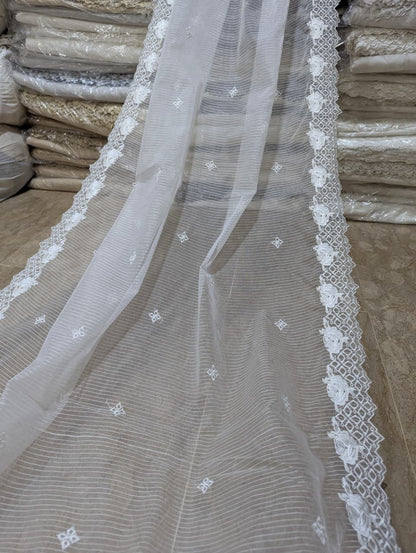 White Organza Scallop Dupatta with Self Lining & White Viscose Embroidery – Dyeable