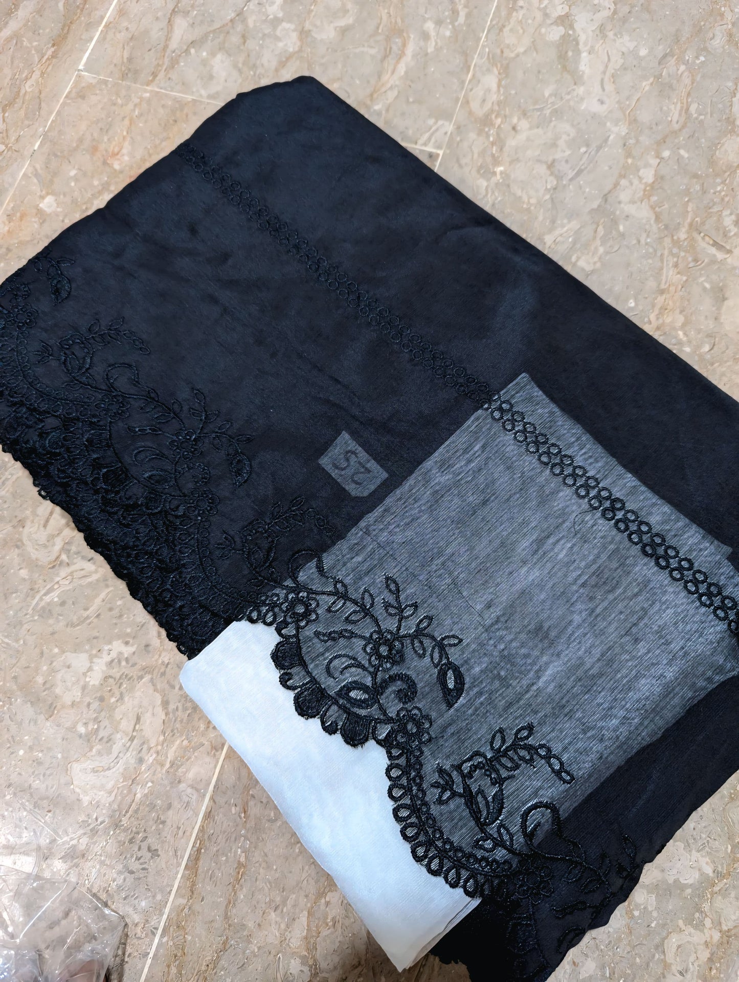 Black Voile Lawn Scallop Embroidered Dupatta