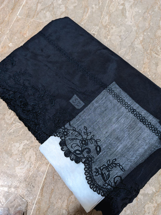 Black Voile Lawn Scallop Embroidered Dupatta