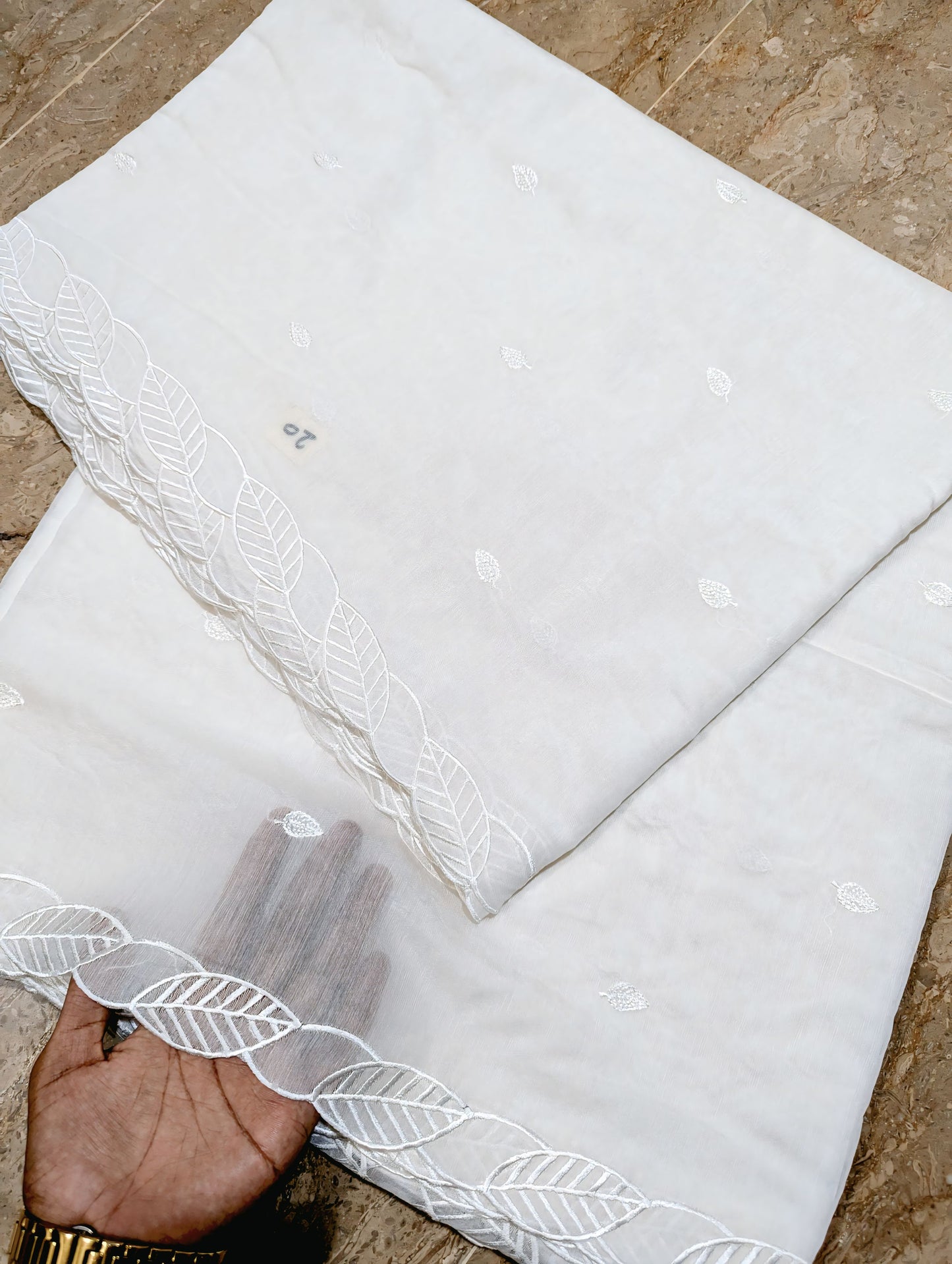 White Voile Lawn Scallop Dupatta with White Viscose Embroidery – Dyeable