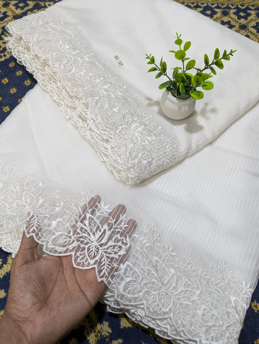 White Organza Scallop Dupatta with Self Lining & White Viscose Embroidery – Dyeable