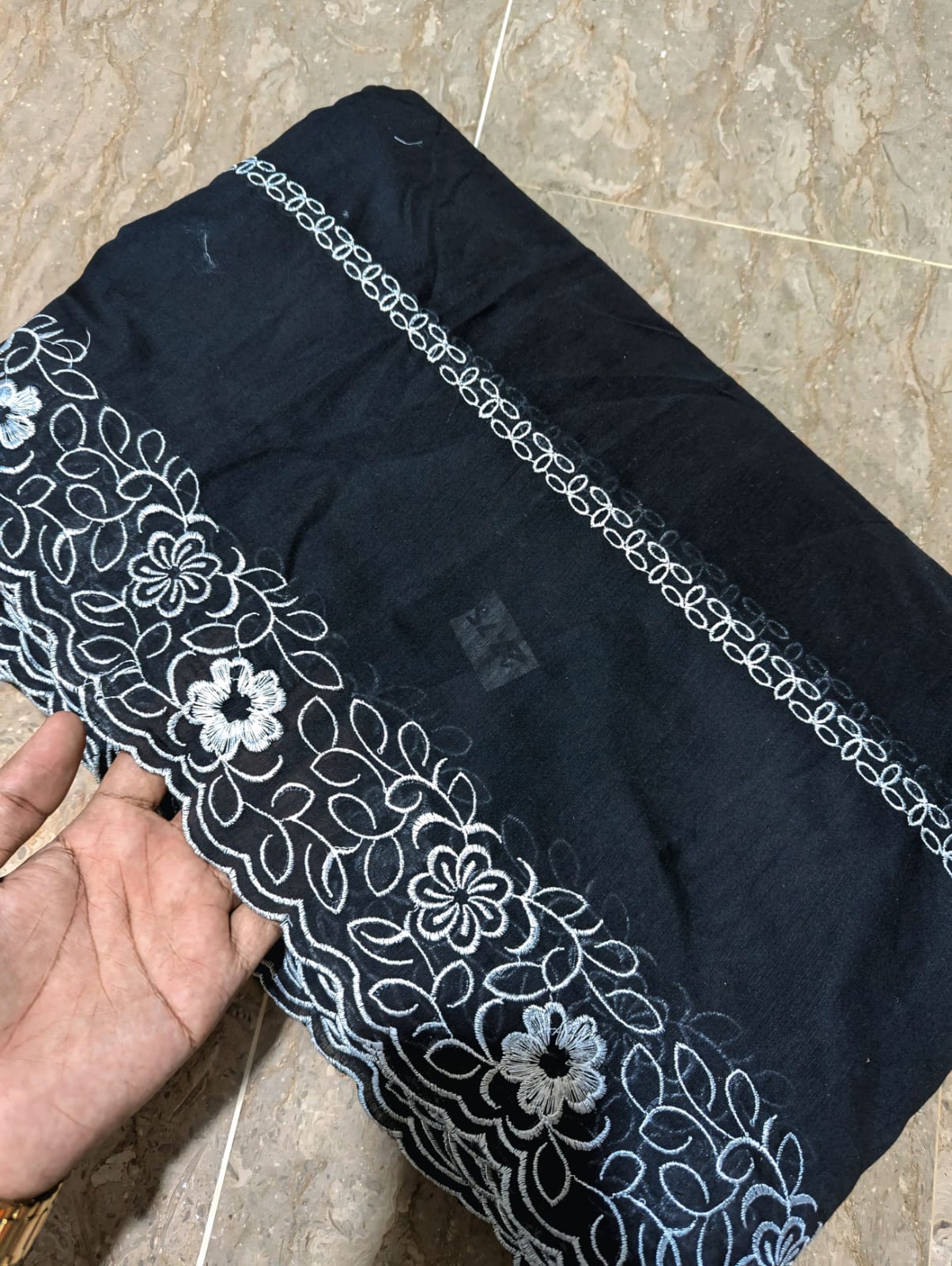 Black Voile Lawn Scallop Dupatta with White Embroidery