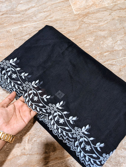 Black Voile Lawn Scallop Dupatta with White Embroidery