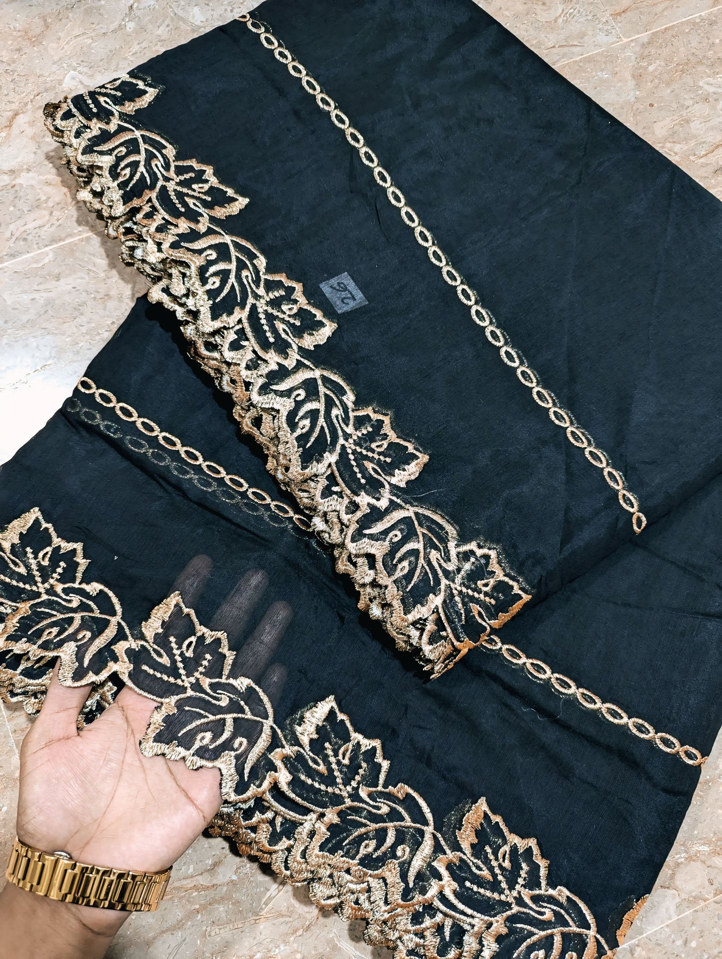 Black Voile Lawn Scallop Dupatta with Golden Metallic Zari Embroidery