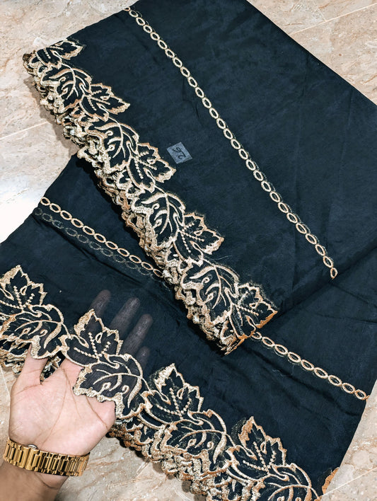 Black Voile Lawn Scallop Dupatta with Golden Metallic Zari Embroidery