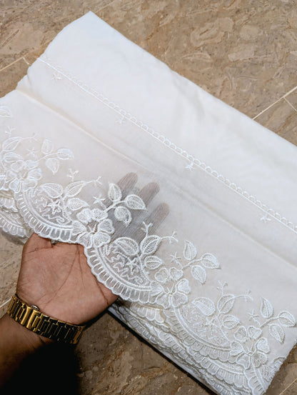 White Voile Lawn Scallop Dupatta with White Viscose Embroidery – Dyeable