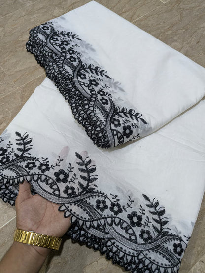 Voile Lawn Scalloped Dupatta with Black Embroidery – Badar and Sons #208