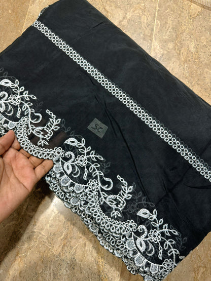 Black Voile Lawn Scallop Dupatta with White Embroidery