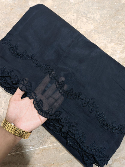 Black Voile Lawn Scallop Embroidered Dupatta with Black Embroidery