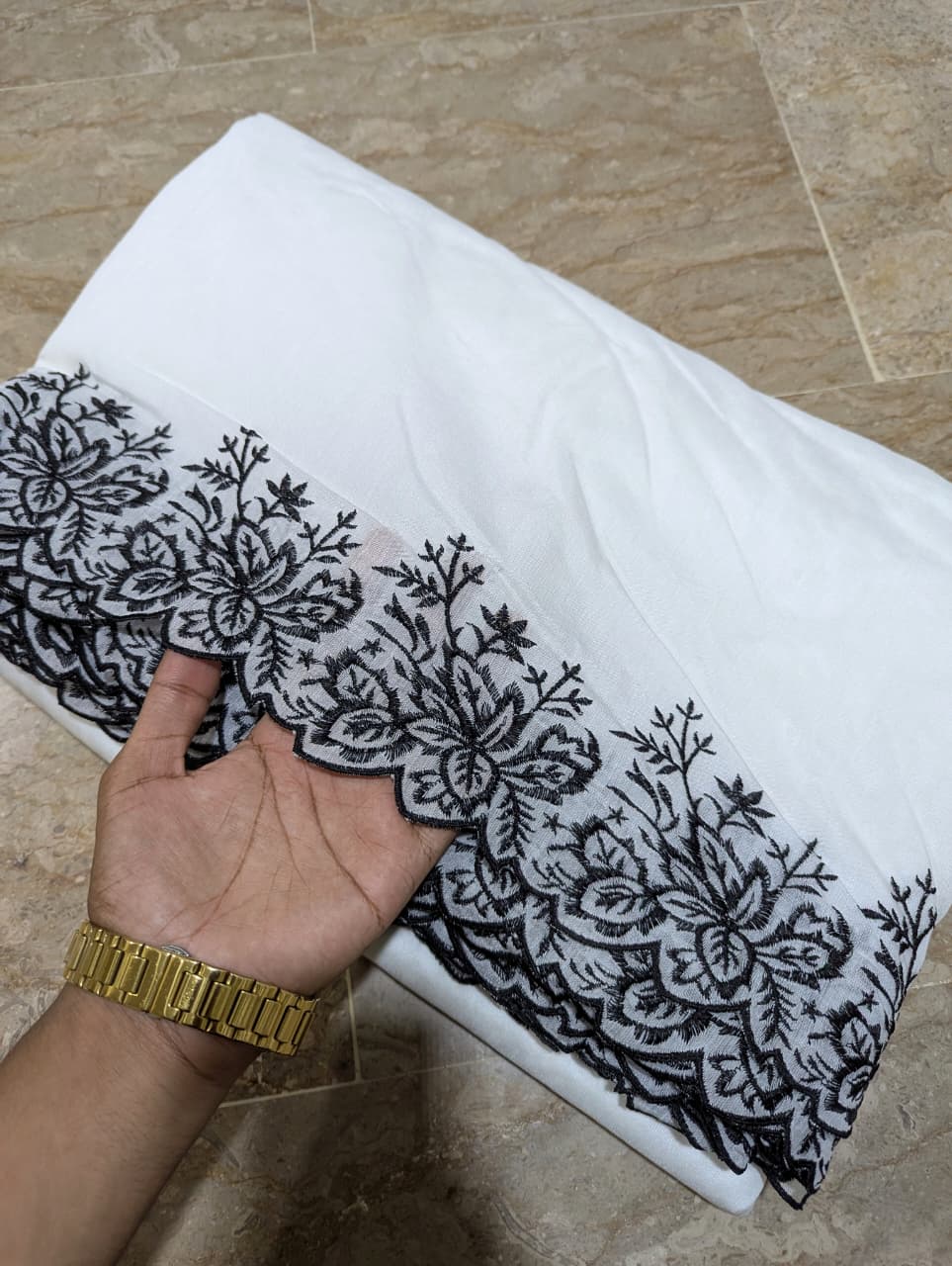 Dyeable White Voile Lawn Scallop Dupatta with Black Embroidery