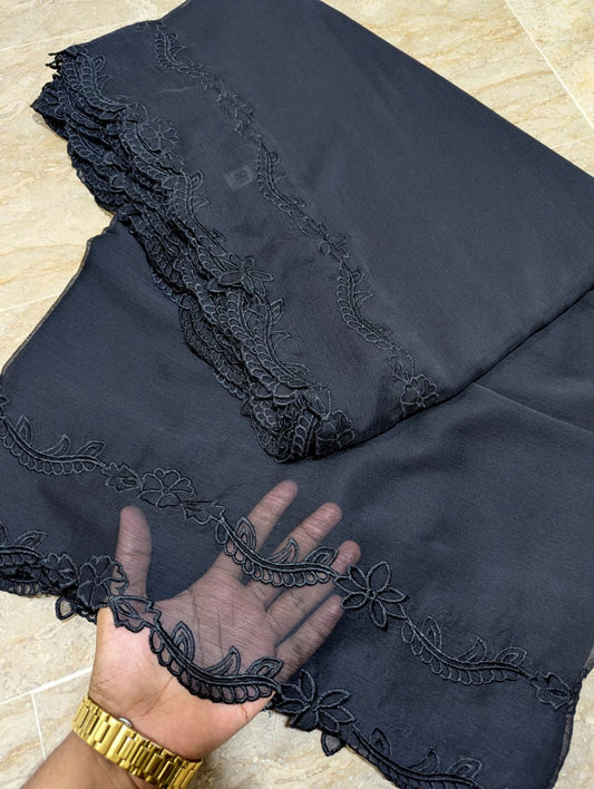 Black Chiffon Cutwork Dupatta with Black Embroidery - Premium Quality